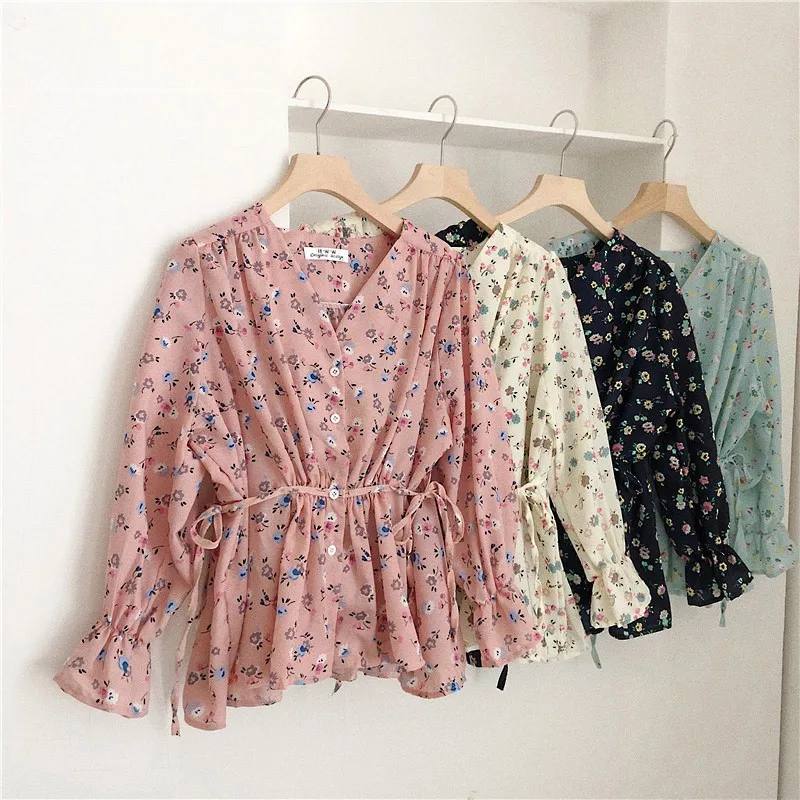

Shirt For Women Fashion Wild V-Neck Long Sleeves Chiffon Shirt Sweet Style Floral Print Bow Button Blouses