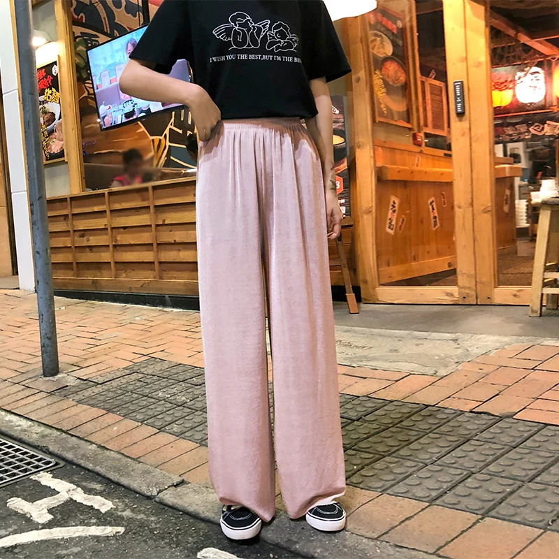 

Pants Women Ice Silk Ulzzang Streetwear Harajuku Soft All-match Spring Summer Trendy High Waist Thin Loose Womens Trousers Chic