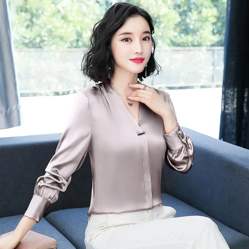 Стильная женская длинная шелковая рубашка французский элегантный стиль