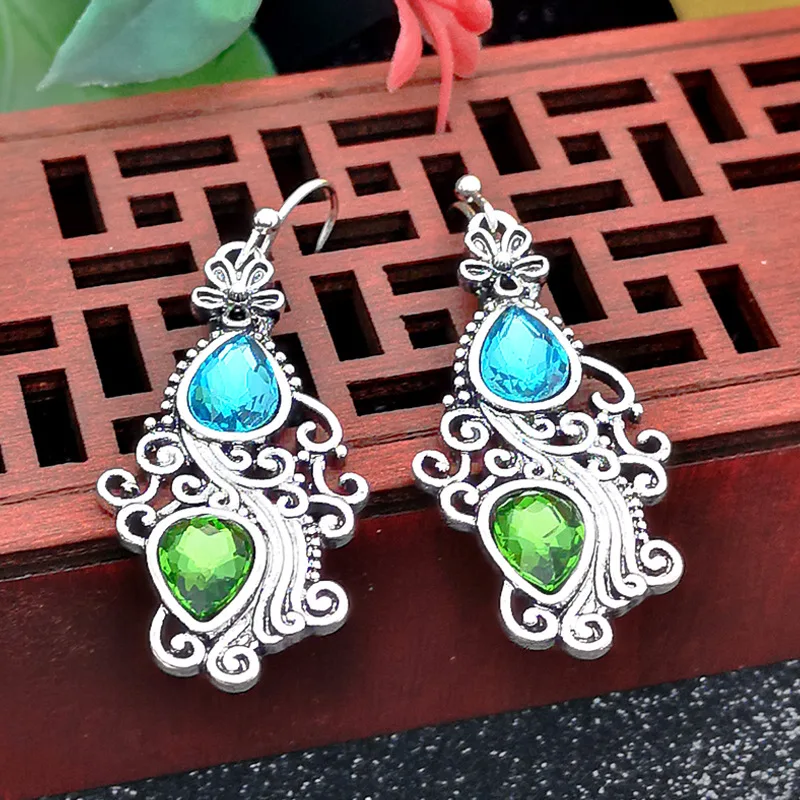 

Creative Peacock Flower Drop-Shaped Earrings European and American Vintage Blue Green Crystal Topaz Earrings Woman Jewelry