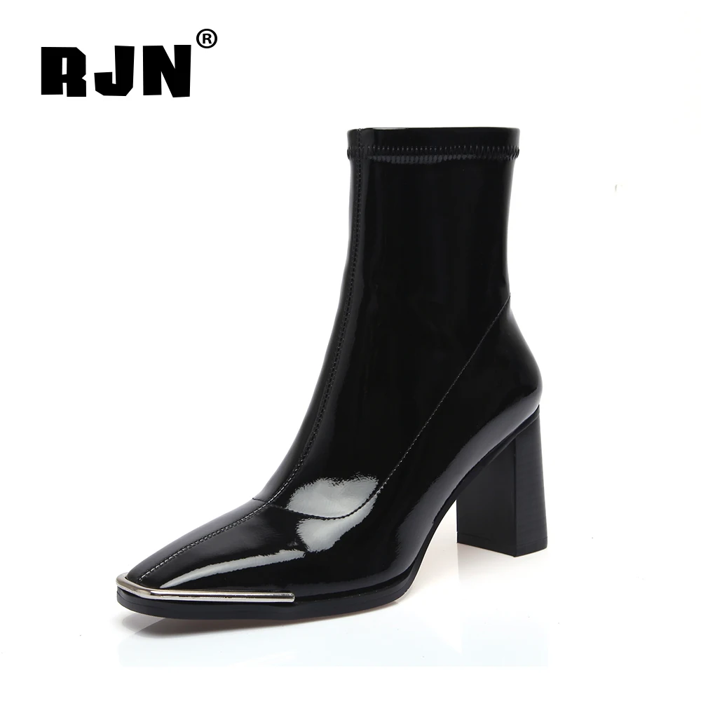 

RJN Women's Boots Patent Leather Heeled Metal Decoration Square ToeHigh Boots Fashion Autumn Winter 2020 New Women Shoes RO403