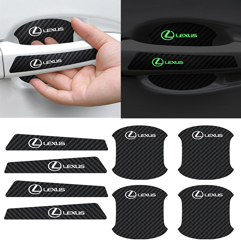 

Светящаяся Автомобильная наклейка на дверную ручку, карбоновая наклейка для Lexus NX300H, RX400H, NX200t, ES250, RX400, RX450, IS200, GS300, GS430, RX270, GS400 логотип