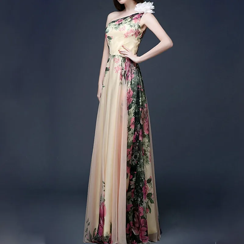 Женское праздвечерние чное платье без рукавов на одно плечо макси с аппликацией