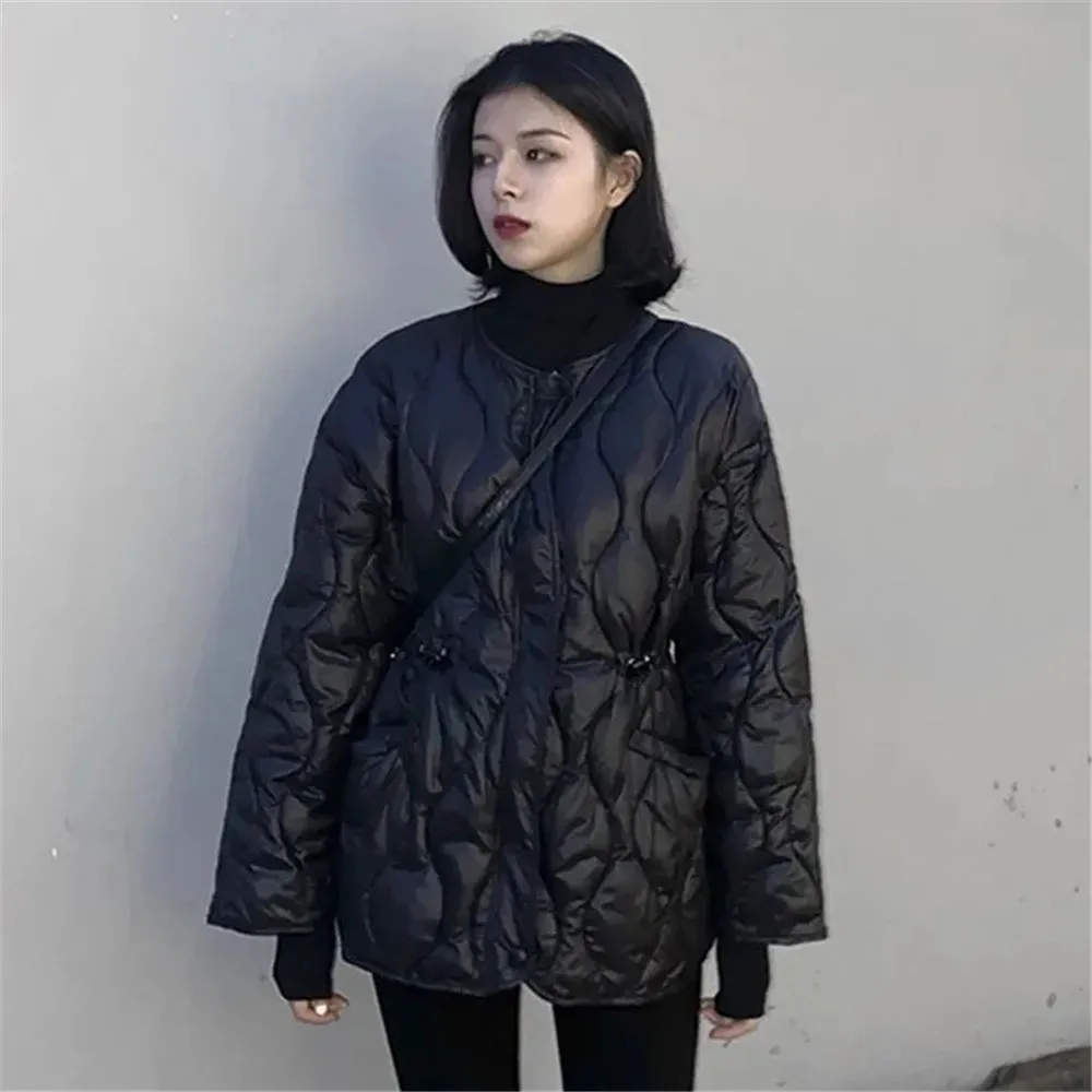 

Winter Lightweight Rhombus Down Padded Jacket Female Korean Elastic Waist Cotton Coat Women Autumn Zipper Pocket Short Parkas