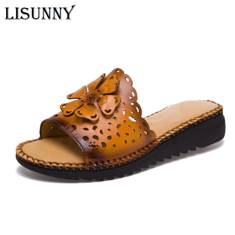 

LISUNNY 2021 Summer Women's Slippers Classic Soft Genuine Leather Slope With Mom Sandals Outdoor Walking Beach Women's Slippers