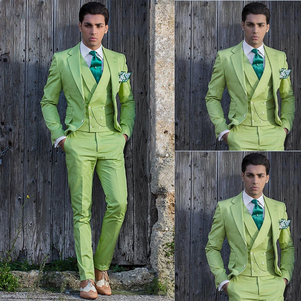 

High Quality Men Wedding Tuxedos 3 Pieces Green Groom Suits for Groomsmen Jacket Blazer Clothes (Jacket+Waistcoat+Pants)
