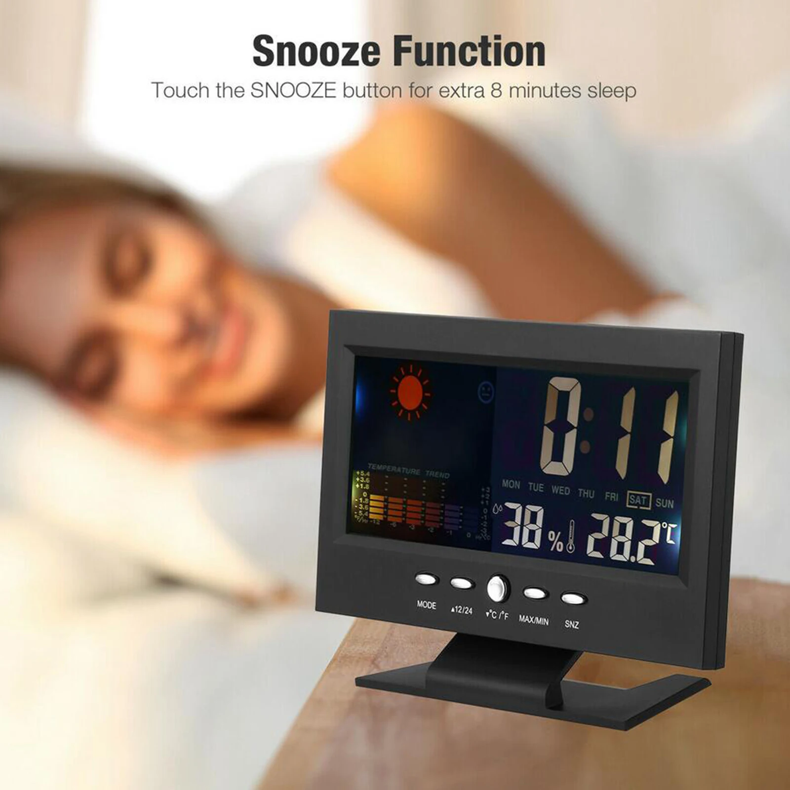 

New LED Digital Alarm Clock Snooze Calendar Thermometer Weather Color Display
