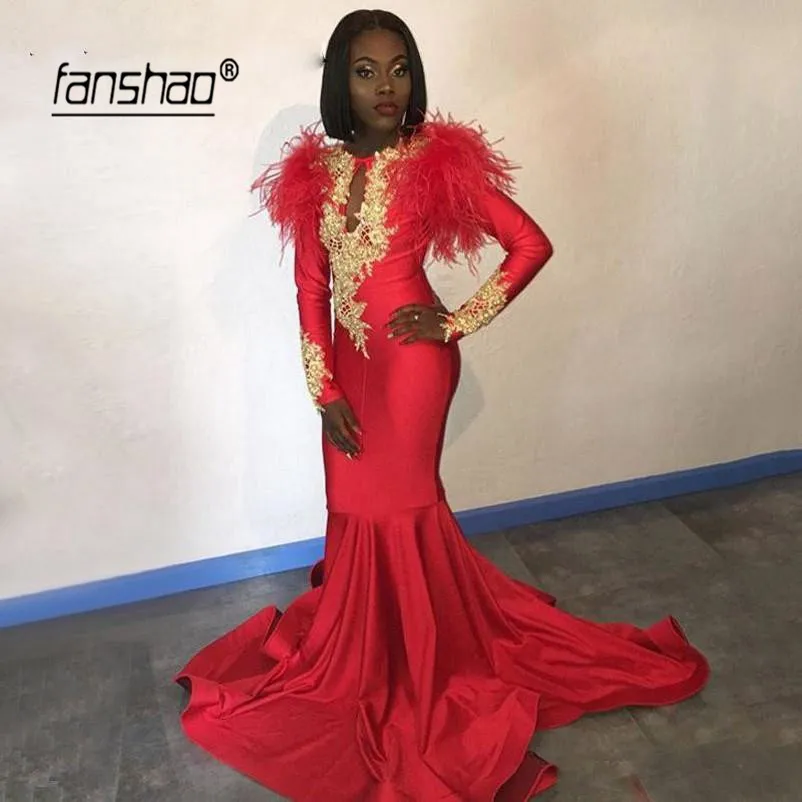 

Feathers Evening Dress Deep-V Appliques robe de soiree Formal Dress Red Evening Dresses Mermaid Prom Dress abendkleider