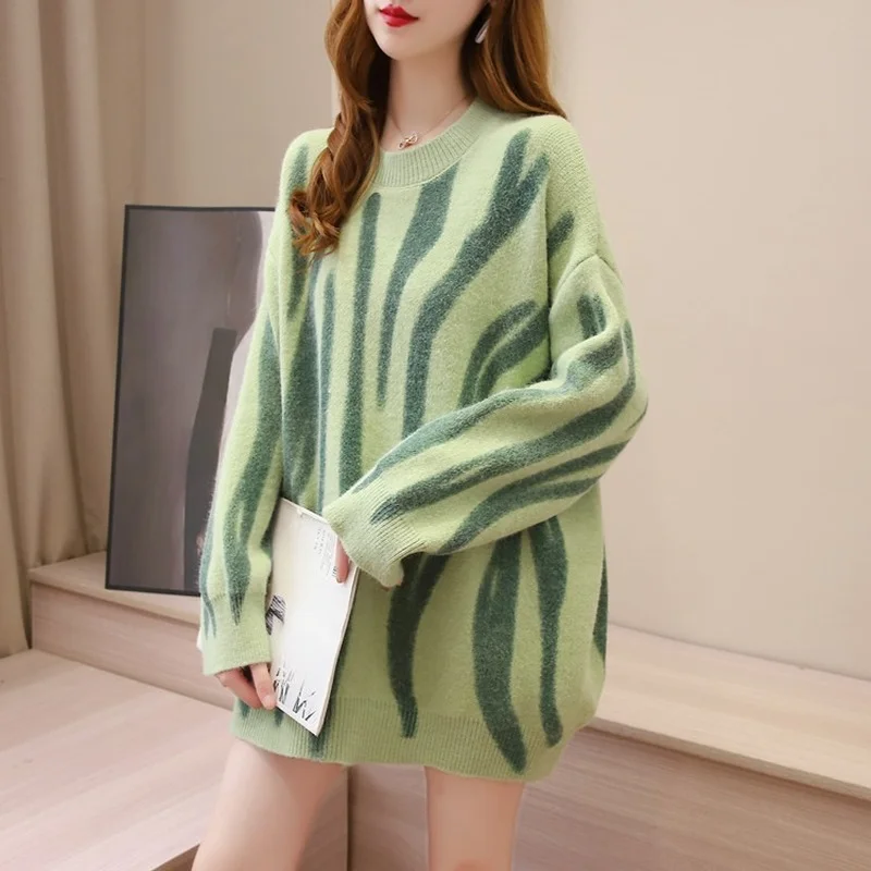 

Женский Длинный свитер в полоску, Свободный пуловер с круглым вырезом, верхняя одежда, осень-зима
