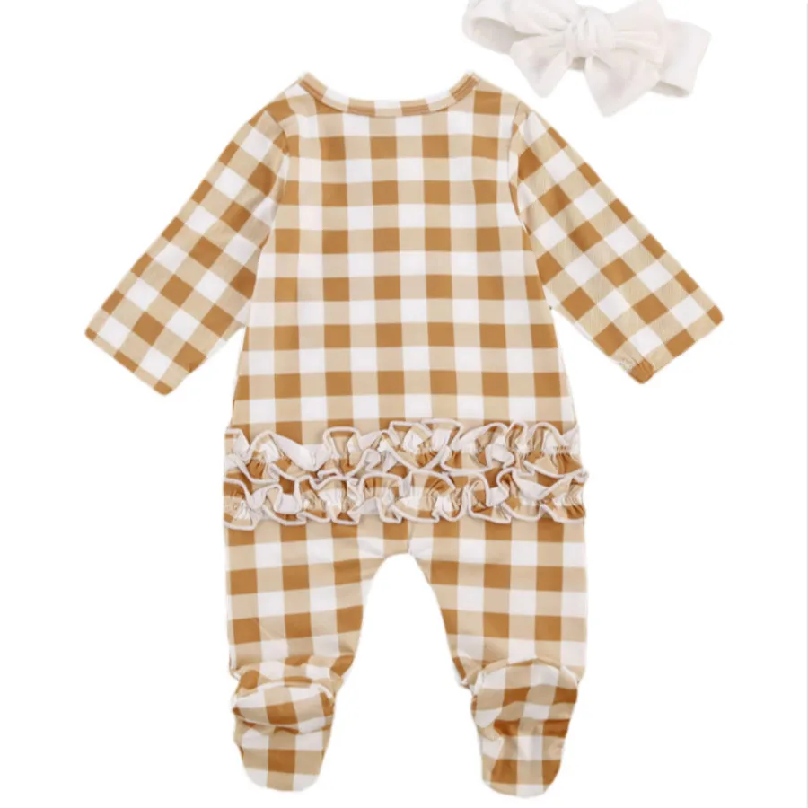 

Newborn Baby Girl Cute Footwear Plaid Printed Ruffle Romper Jumpsuits + Princess Headband Infant Toddler Girls Romper 0-12M
