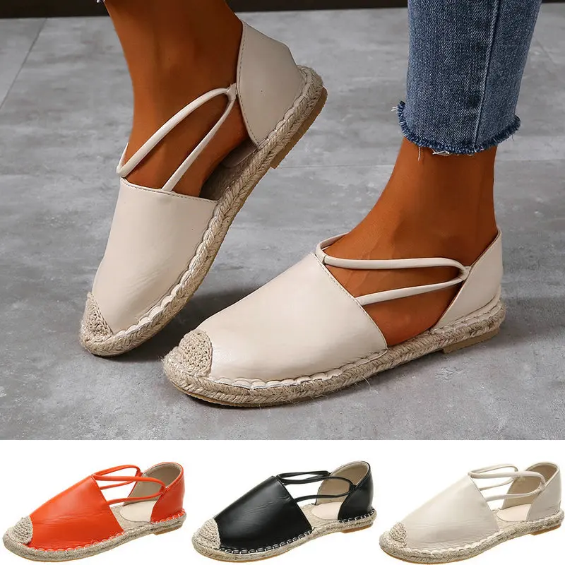

Spring Summer Women's Cane Weaved Sandals Round Toe Hollow-Out Handmade Straw Stitching Leather Shoes Linen Woven Beach Shoes