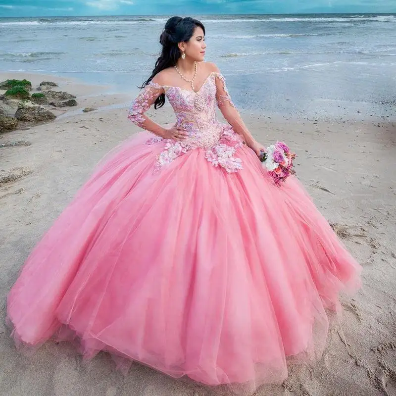 

Off the Shoulder Pink Wedding Dresses Puffy Beading Long Sleeve Bridal Gowns Princess Tulle Vestidos De Fiesta