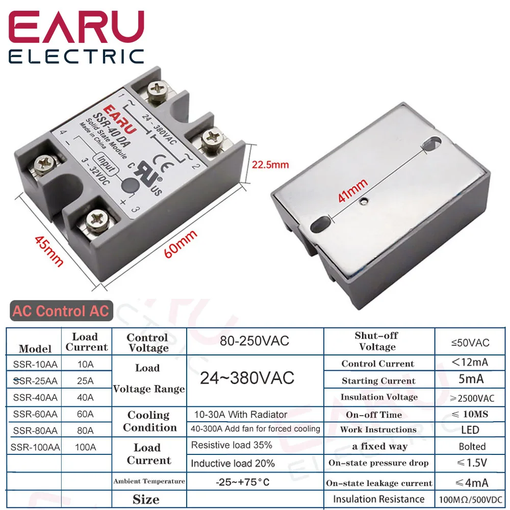 SSR-60AA SSR 60A 80A 100A твердотельный релейный модуль AC 80-250V Вход 24-380V выход для