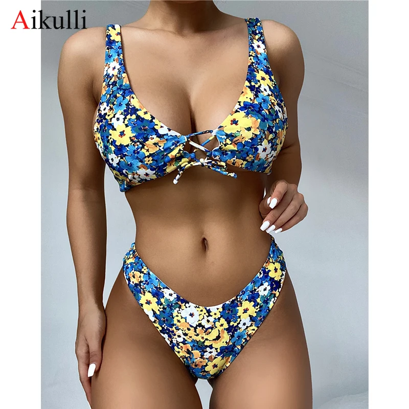 

2021 Bikinis Floral Swimsuits Women Sexy V Neck Lace Retro Print Swimwear Female Summer Bikini Set Two-pieces Bathing Suits Swim