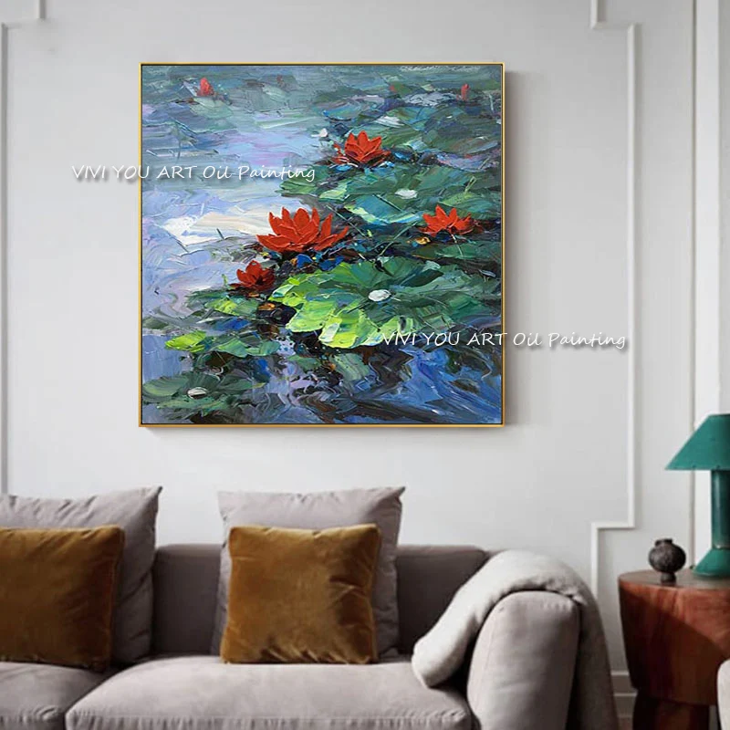 Масляная Настенная картина ручной работы красная водная Лилия лотос синий пруд