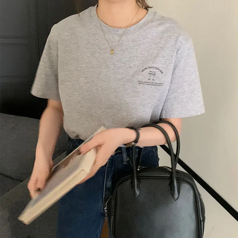 

Letter Cup Printed Vintage Loose Summer All Match Simple Fashion Spring Summer Short Sleeve Cotton Women T-shirts