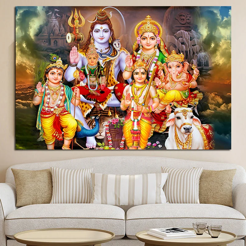 

Shiva Parvati Ganesha Indian Hindu God Canvas Painting Religious Posters and Prints Wall Art for Living Room Home Decor Cuadros