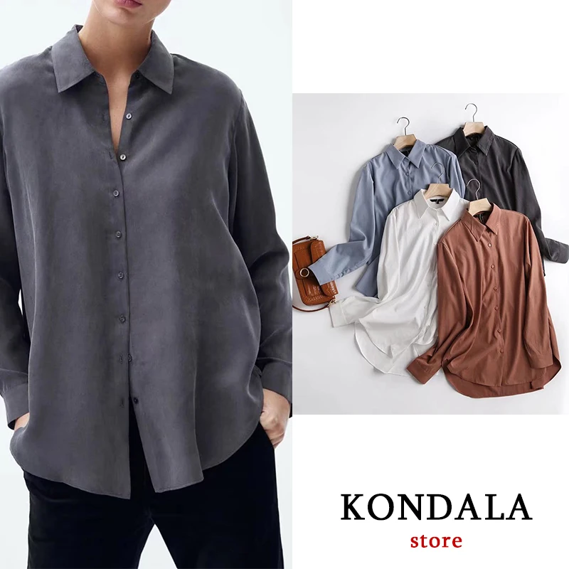 

KONDALA Za 2021 Office Lady Nylon Solid Shirts Women Long Sleeve Fashion Autumn Single Button Vintage Blouses Elegant Mujer Tops