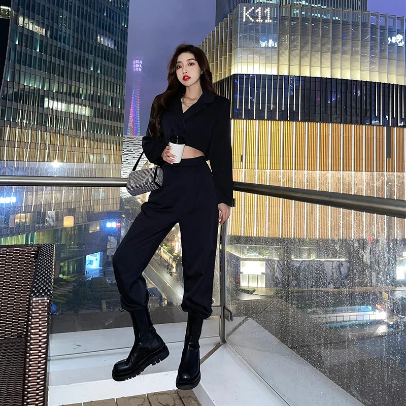 

2021 Spring Women Two Piece Set Fashion Notched Collar Long Sleeve Sexy Short Coat + High Waist Office OL Long Pants Set Suits