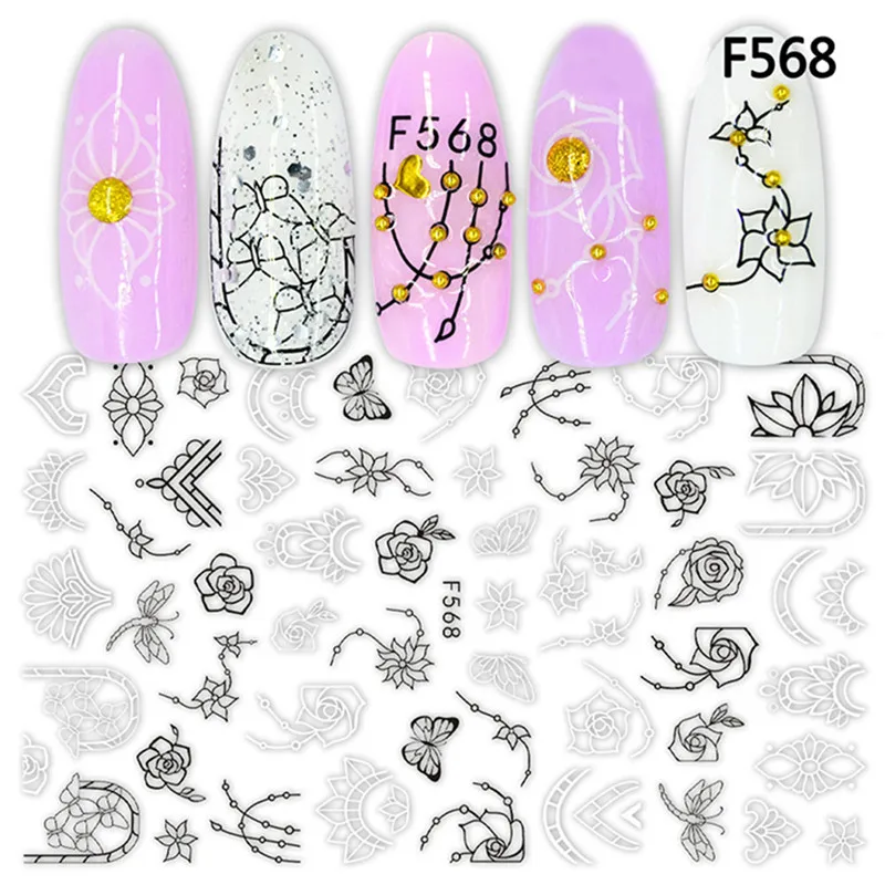 F568 1 шт. черно-белые стикеры 3D на ногти Nail Art ползунки цветы Мандала лист геометрические наклейки для ногтей Фольга Дизайн Маникюр украшения - Цвет: F568