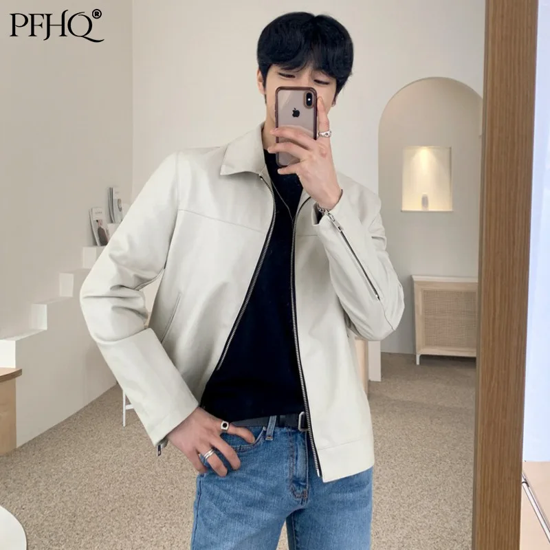 

PFHQ Men Clothing PU Leather Casual Short Style Coat Korean Fashion Slim Spring Autumn Trend Long Sleeve Lapel Jackets 21D3120
