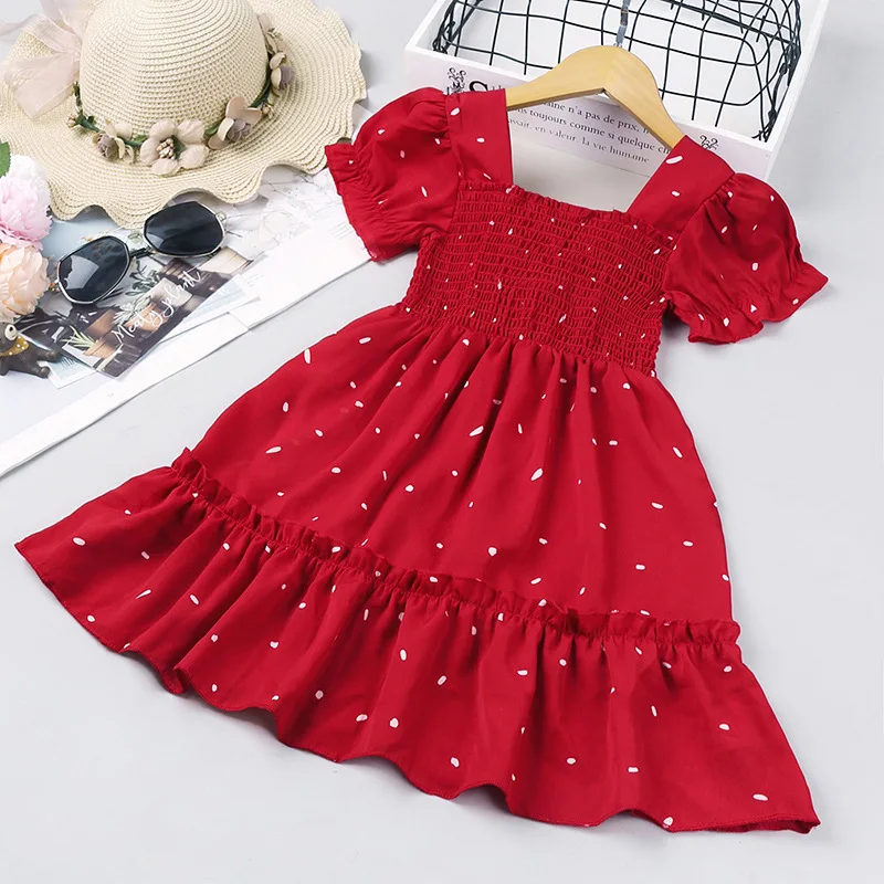 

Girl’s Casual Ruffles Short Sleeve Dress Fashion Polka Dot Square Collar A-line Mid-length Dress
