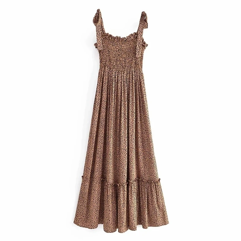 

2021 Chic Bow Tied Sling Long Dresses for Women Backless Elastic Smocking Patchwork Summer Dress Vintage Leopard Print Vestido