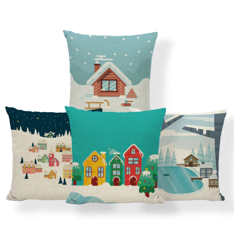 

Мультяшная простая зимняя наволочка Снежный домик сосна горный город гостиная спальня декоративная наволочка Подушка из полиэстера