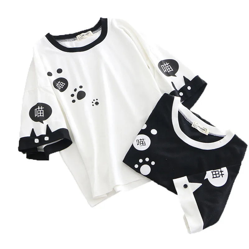 

Mori Women's Harajuku Kawaii Graphic T Shirt Summer Soft Girl Cotton T-shirt Print Cat Words Short Sleeve Femme Tee Shirt