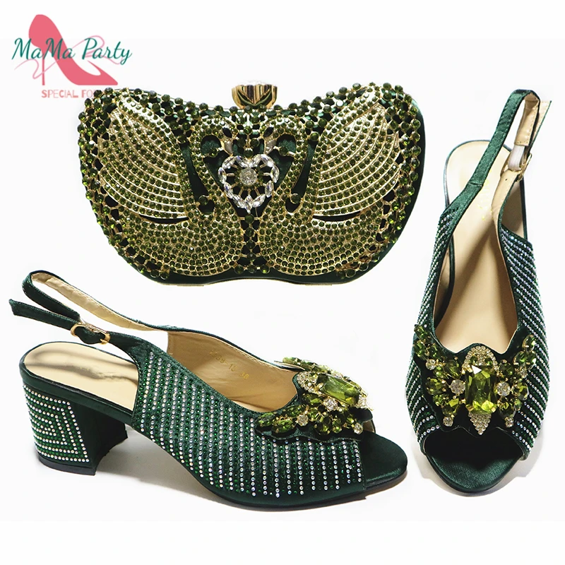 

Peep Toe Sandals Decorate with Rhinestone New Design Italian Ladies Shoes Matching Bag Set in Dark Green Color for Party