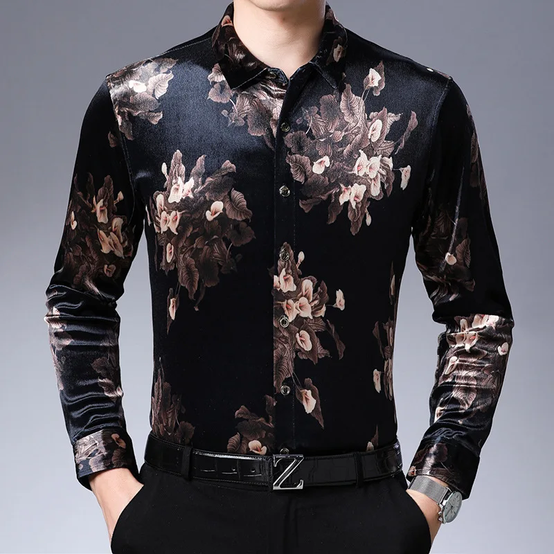 

Gold Velvet Shirts For Men Long Sleeve High-End Luxury Easy Care Autumn Quality Smooth Comfortable Regular Fit Camisas De Hombre