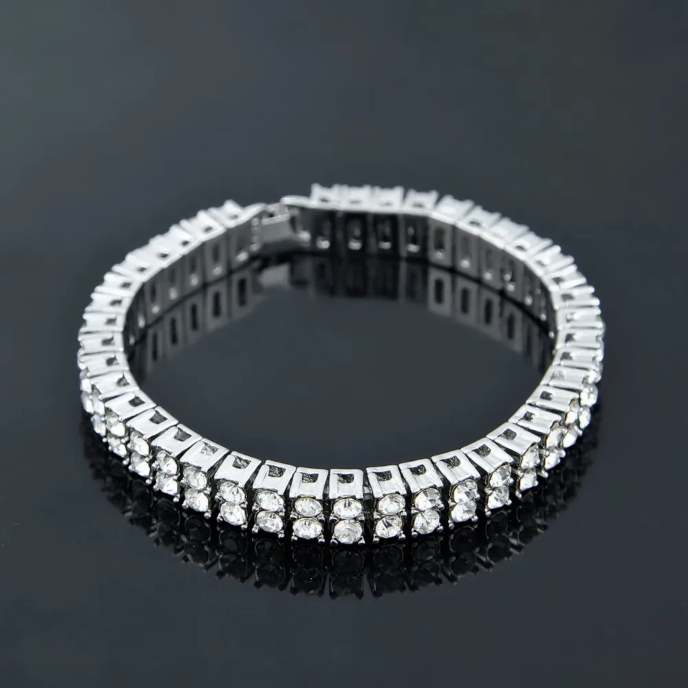2 ряда Кристалл Iced Out Мужчины Леди Bling теннис прекрасный браслет в стиле хип-хоп " панк браслет