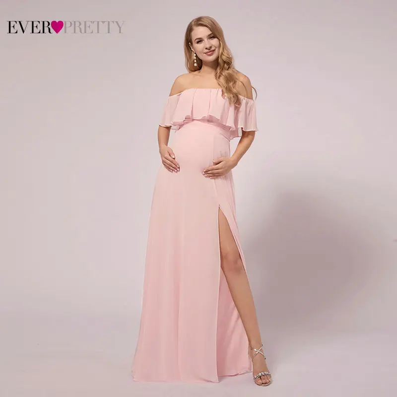 

Pink Dress Women Maternity Gown Ever Pretty Elegant A Line Off Shoulder Long Chiffon Ruffles Prom Dresses With High Split 2021