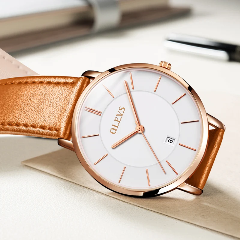 Мужские часы люксовый бренд OLEVS ультра тонкие кожаные кварцевые наручные мужские