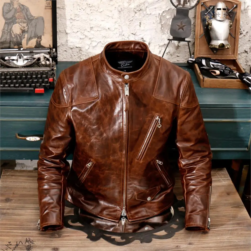 

May Kaji Oil Wax Cowhide Stand Collar Biker Jacket japan-style Retro Men Genuine Leather Clothes Genuine Leather Venom