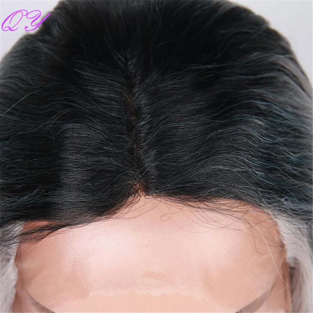 

QY Lace Front Wigs For Black Women Long Black Ombre Grey Body Wave Synthetic Cosplay Hair Wig Daily Use