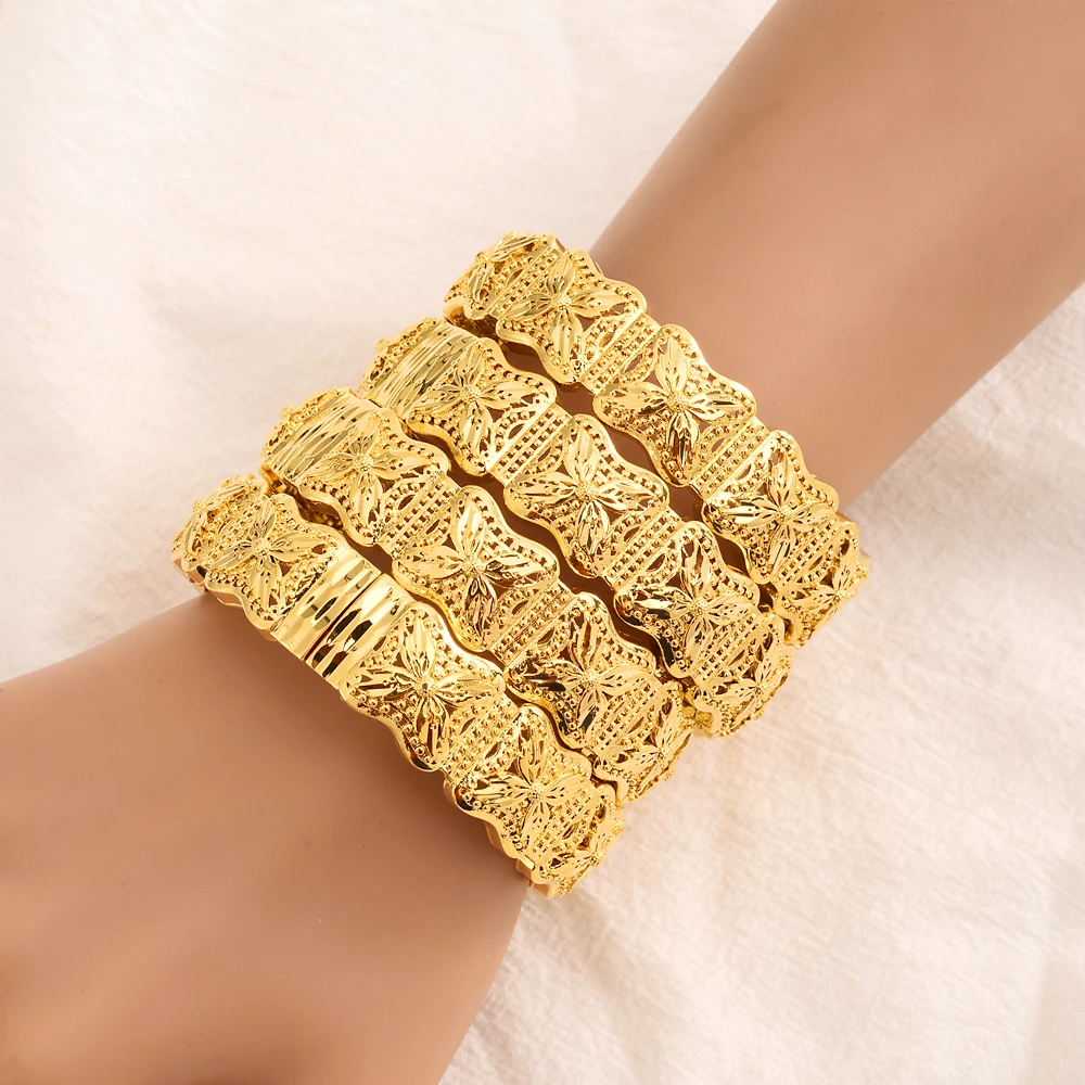 

4Pieces Ethiopian Gold Bangle for Women Dubai Wedding Bride Bracelets African Gold Color Jewelry Middle East Item