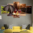 Настенная картина для кухни, изображения красного вина, деревянного бочонка и фруктов, винограда, картина для гостиной, 5 панелей, холст, художественный дом
