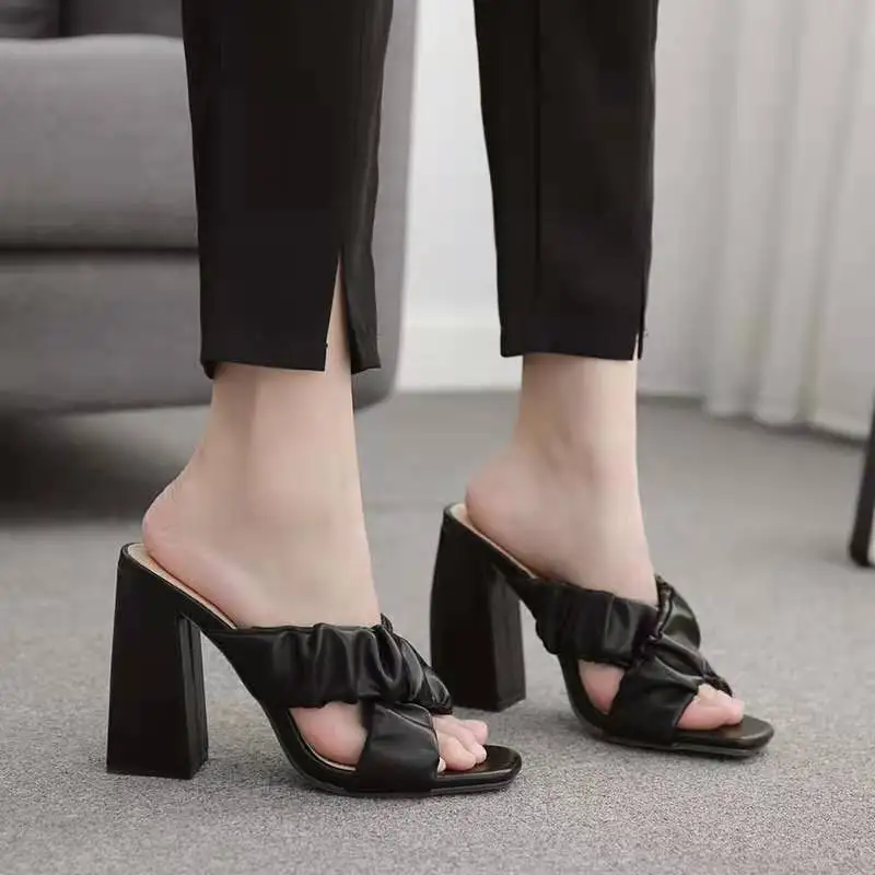 

New 2021 Pleated Ladies Slippers Summer Fashion Party High heels Shoes Gladiator Slides Sandals Women size42 43
