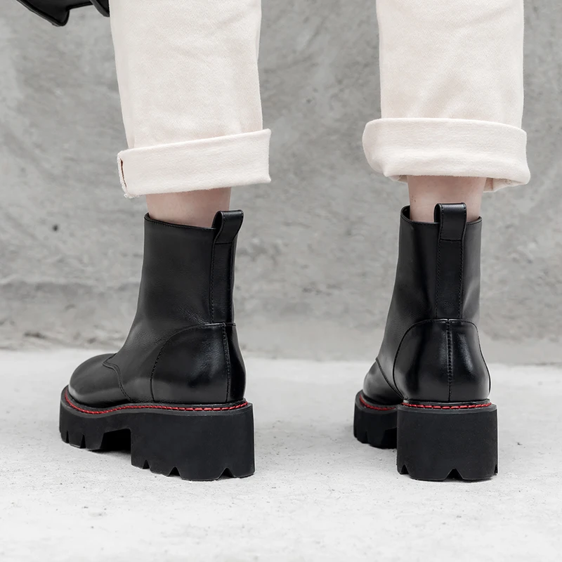 Женские ботинки; ботинки из натуральной кожи; черные ботинки Martens; женские ботильоны; мотоботы; зимняя обувь на платформе и толстом каблуке