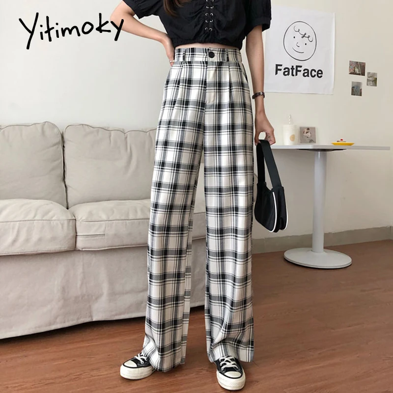 Yitimoky женские штаны винтажные клетчатые брюки с высокой талией и эластичной