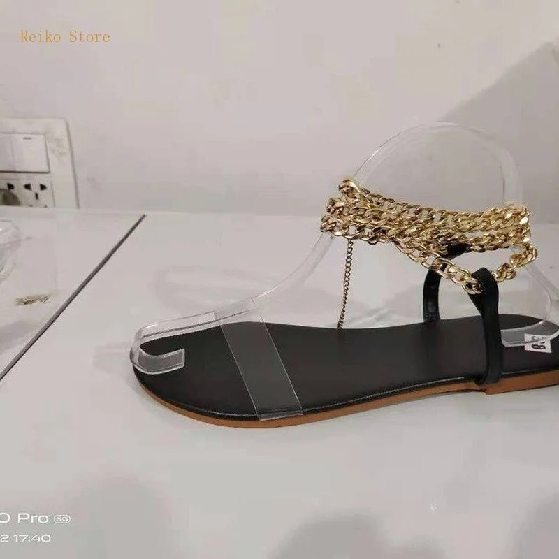 

Ladies sandals 2021 summer fashion gold chain strap flat slippers women summer all-match women's shoes