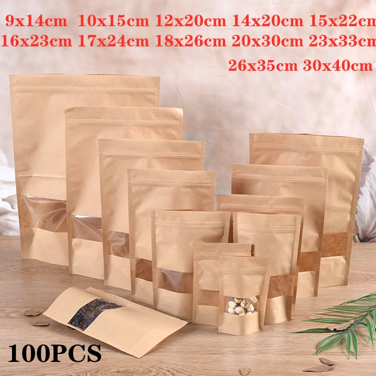 100PCS/самонесущий мешок с молнией яркого цвета крафт бумага сумка окно застежкой