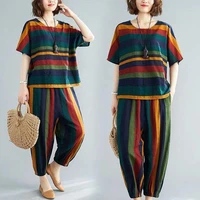 2 piece sets womens cotton and linen outfits stripe short sleeve o neck tops loose harem pants 2020 summer casual two piece set