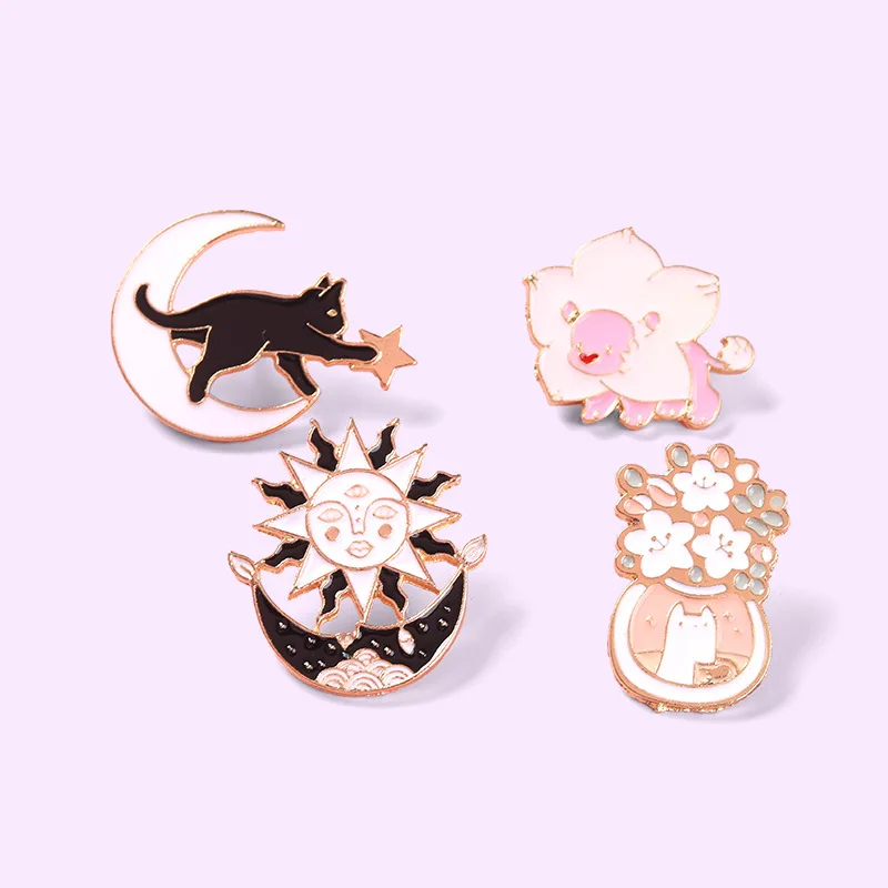 Эмалированная булавка на лацкан с изображением солнца луны розового льва кота