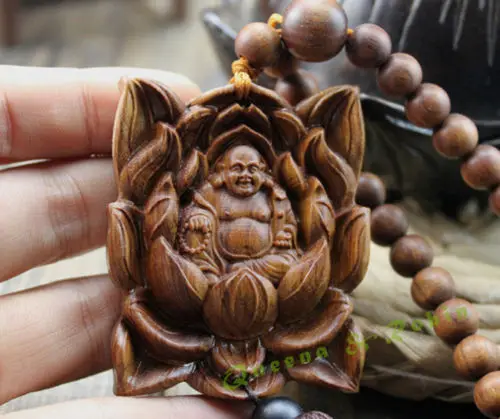 

Wood Carved & Buddhism Beads Lotus Happy Buddha Statue Sculpture Amulet