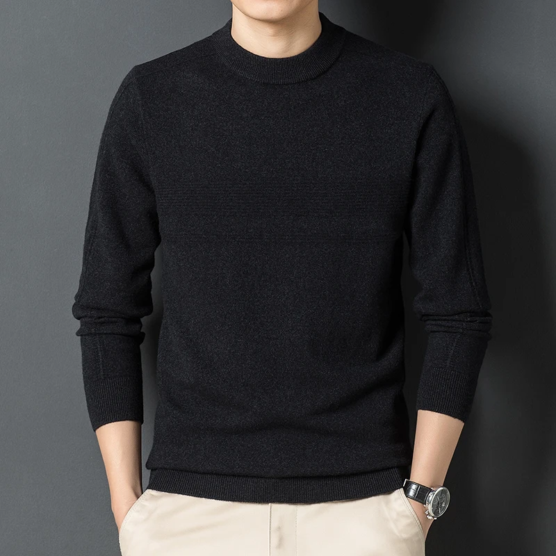 Autumn men's 100% pure wool knitted pullover sweater round neck solid color knitted sweater.