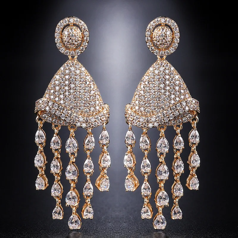 

European and American zircon earrings, long triangle tassel earrings, exaggerated earrings, hat women's full diamond jewelry ear
