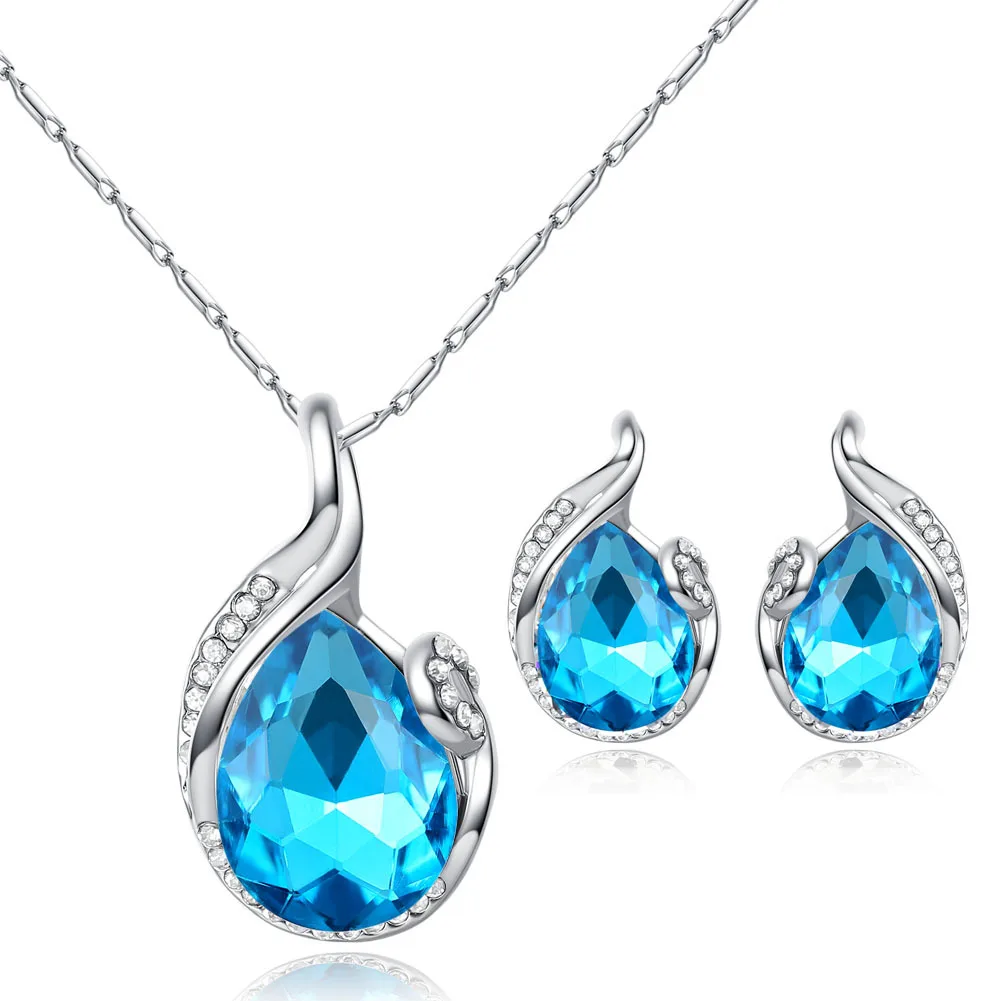 Double Fair Classic Beauty Teardrop Sets For Women Wedding Engagement Jewelry Necklace& Earring Fashionable Jewellry KAS099 - Окраска металла: lightblue color set3