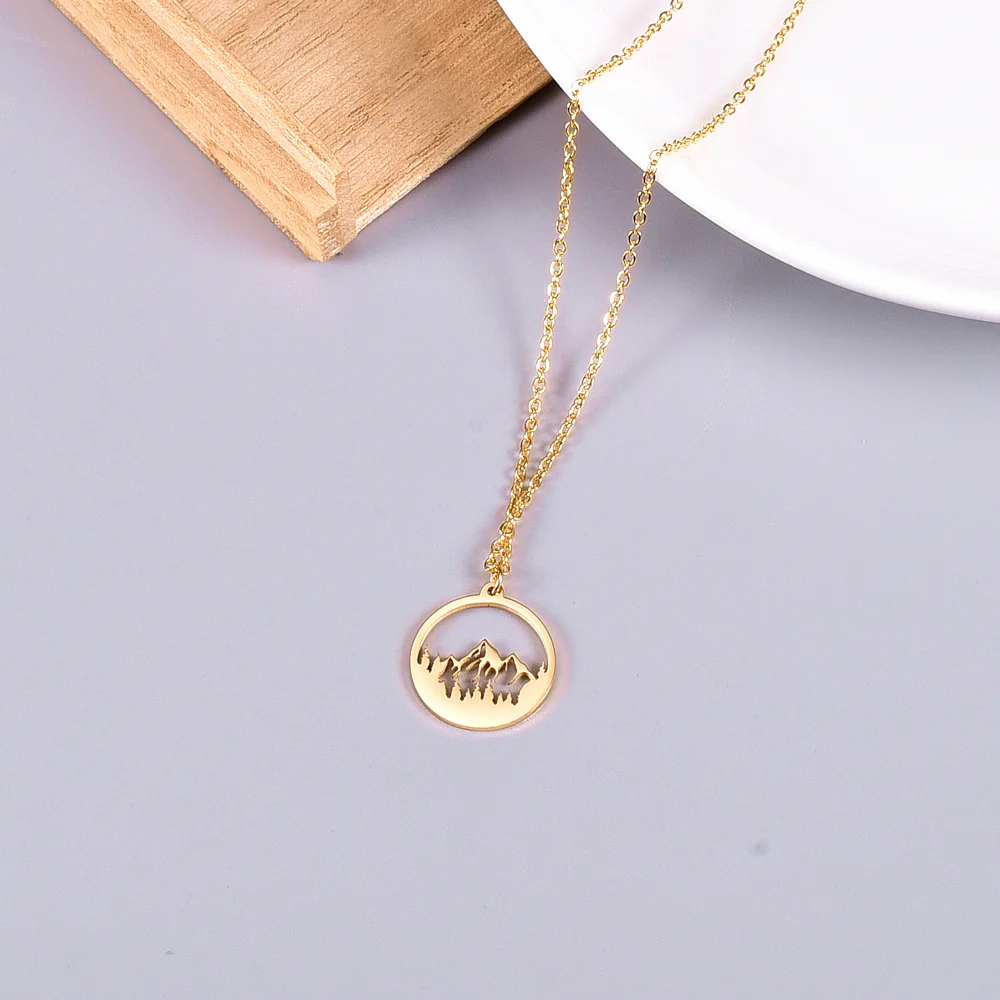 

10 pcs Bulk Sale Stainless Steel Gold Snow Mountain Forest Women Necklace Minimalist Round Jewelry Gift For Him